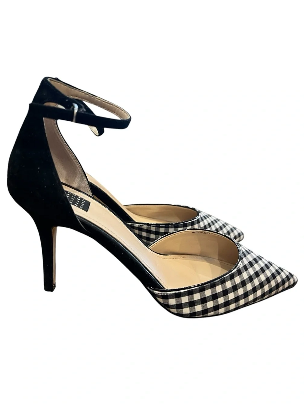 White House Black Market Gianna Gingham Ankle Strap Pumps 8.5 Black White